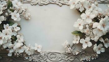 sandig Weiß Antiquität Tabelle mit Weiß Blumen Verlegung auf es ai generiert foto