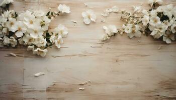 sandig Weiß Antiquität Tabelle mit Weiß Blumen Verlegung auf es ai generiert foto