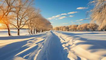 frisch Schnee und golden Sonnenlicht ai generiert foto