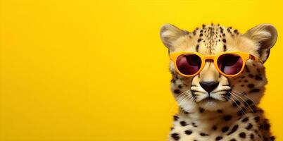 kreativ Tier Konzept.Gepard tragen Sonnenbrille auf Gelb Hintergrund . Kopieren Raum. generativ ai foto