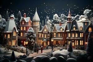 Weihnachten Dorf mit Schnee im Jahrgang Stil. Winter Dorf Landschaft. Weihnachten Feiertage. generativ ai foto
