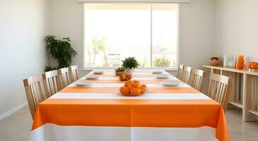 Eleganz im orange, lange Essen Zimmer Tabelle einstellen mit Weiß Stühle foto