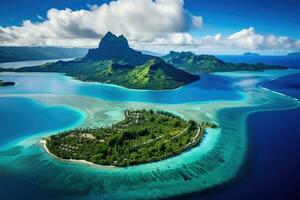 tropisch Insel beim Seychellen im das indisch Ozean, Bora Bora Antenne Sicht, Tahiti Französisch Polynesien, ai generiert foto