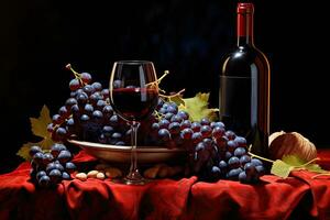 immer noch Leben mit rot Wein, Trauben und Nüsse auf ein dunkel Hintergrund, Flasche mit rot Wein und Glas und Trauben, ai generiert foto