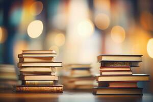 Stapel von Bücher auf das Tabelle mit Bokeh Hintergrund, Buch Stapel mit Leiter auf Himmel mit Wolken Hintergrund foto