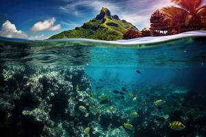 unter Wasser Aussicht von schön Koralle Riff und tropisch Fisch beim sonnig Tag, Bora Bora Unterwasser, ai generiert foto