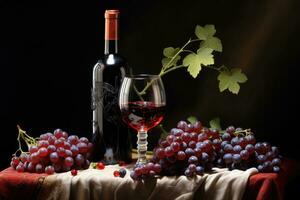 Flasche und Glas von rot Wein mit Trauben auf ein dunkel Hintergrund, Flasche mit rot Wein und Glas und Trauben, ai generiert foto