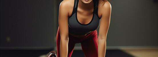glücklich jung Frau im schwarz und dunkel rot Sportbekleidung ausüben und Fitness trainieren beim das Fitnessstudio. Netz Banner. generativ ai foto
