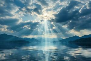 göttlich Strahlen durchbohren durch wolkig Schleier Aufschlussreich heiter paradiesisch Panorama foto