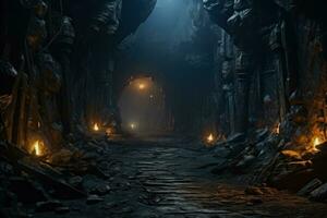 düster Höhle Eingänge unter unheimlich Beleuchtung Hintergrund mit leeren Raum zum Text foto