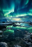 eisig Arktis Aussicht unter beschwingt Nord Beleuchtung Hintergrund mit leeren Raum zum Text foto