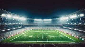 das Schauspiel von ein völlig beleuchtet Fußball Stadion. generativ ai foto