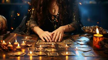 Kartenlegen. ein Vermögen Erzähler liest Tarot Karten. auf das Tabelle sind Kerzen und Wahrsagen Objekte und Funken foto