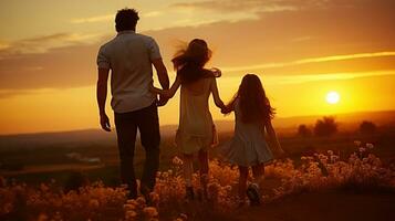 Erfassen Glück mit ein Familie beim Sonnenuntergang foto