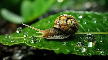 winzig Wunder - - Schnecke und Wasser Tropfen auf ein Blatt. generativ ai foto