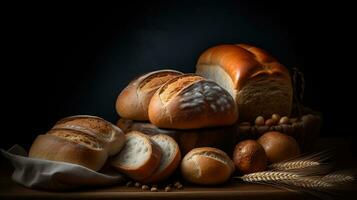 rustikal Brot Vielfalt im das Schatten. ein verlockend Anzeige. generativ ai foto