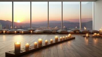 Yoga Studio mit Panorama- Fenster und Verbrennung Kerzen auf das Boden. Ruhe und entspannen, leeren Klasse, Spa Zimmer. generativ ai foto