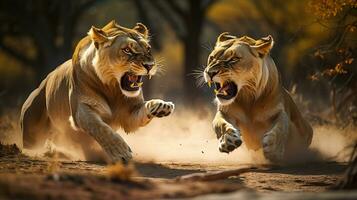 zwei Löwinnen konfrontieren jeder andere im ihr natürlich Reich. generativ ai foto
