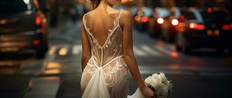 schön Braut im Weiß Kleid Stehen im das Straßen beim Nacht, halten ihr Hochzeit Strauß. generativ ai foto