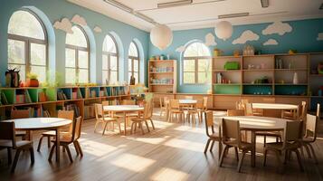 innovativ Lernen Räume. ein Blick in das modern Vorschule Klassenzimmer. generativ ai foto