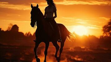 Silhouette von ein Frau Reiten ein Pferd beim Sonnenuntergang. Pferdesport Eleganz. generativ ai foto