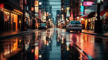 Neon- Licht Nacht Straße im das Stadt von Tokyo nach Regen, generativ ai foto