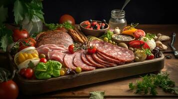 erkunden ein reichlich Fleisch Teller mit verlockend Salami, geschnitten Schinken, saftig Wurst, saftig Tomaten, ein knackig Salat, und ein Array von frisch Gemüse. generativ ai foto