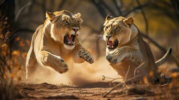 heftig Schlacht zwischen zwei Löwinnen im das wild. generativ ai foto