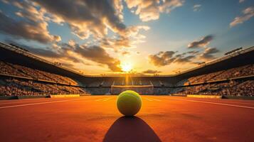 Erfassen das Tennis Ball ist Gegenwart auf das Gericht beim Sonnenuntergang foto