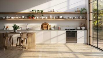 Sonnenaufgang Gelassenheit. fesselnd modern Küche mit belaubt Schatten und öffnen Raum. generativ ai foto
