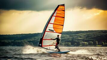 windgepeitscht Gelassenheit. Windsurfen inmitten der Natur Schönheit mit wogend segeln foto