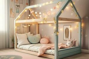 Kinder Haus Fußboden Bett Rahmen geschmückt mit Fee Beleuchtung und Sanft Pastelle. generativ ai foto