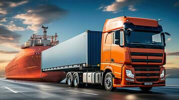 LKW, Container, und Ladung Schiff Dynamik im das Transport Industrie. generativ ai foto