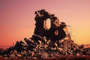 Reste von ein historisch Schloss Post Abriss isoliert auf ein Gradient Sonnenuntergang Hintergrund foto