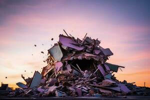 zerstört alt Schulhaus Trümmer isoliert auf ein Gradient Abend Himmel Hintergrund foto