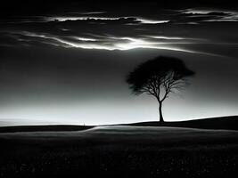 schwarz und Weiß Foto von ein einsam Baum im das Mitte von ein Feld
