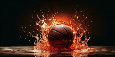 das Basketball ist im ein beigefügt Spritzen und Sein gesprüht mit Wasser im das Hintergrund. foto