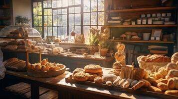 Süßwaren Bäckerei mit Vitrinen und frisch Gebäck im das Strahlen von Sonnenlicht foto