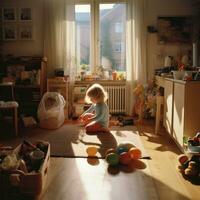 Spielzeuge in Hülle und Fülle, Kinder- Spielzimmer abuzz mit Glück. Kindheit Abenteuer, Kinder Spielzimmer randvoll mit Lachen foto