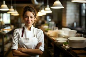 Porträt von ein lächelnd weiblich Koch Stehen mit Waffen gekreuzt im ein Restaurant, generativ ai foto
