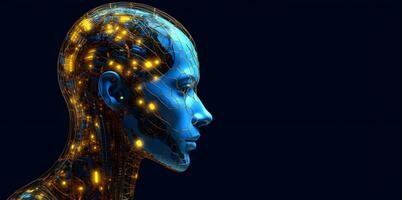 Seite Aussicht von ein Humanoid Kopf mit Blau und Gelb Augen und beschwingt Neon- neural Netzwerk, Darstellen futuristisch Technologie und künstlich Intelligenz. generativ ai foto