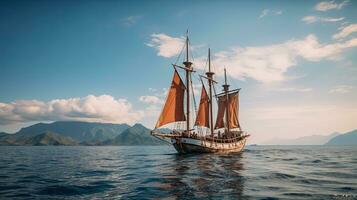 Porträt pinisi Schiff Segeln auf das Meer mit Licht Exposition ai generativ foto