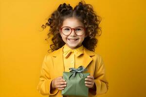 Porträt von lächelnd süß Mädchen mit lockig Haar halten ein Geschenk Box mit Schleife. generativ ai foto