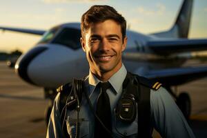 ein Pilot Mann Porträt mit Flugzeug auf das Hintergrund foto