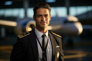ein Pilot Mann Porträt mit Flugzeug auf das Hintergrund foto
