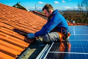 Solar- Leistung Ingenieur Installation Solar- Paneele auf das Dach. generativ ai foto