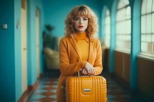 Konzept von Reise. glücklich Frau Mädchen mit Koffer . generative ai foto