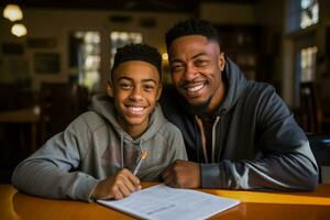 schwarz Sohn hilft Vater verstehen Schularbeit lehrreich Rolle Umkehrung foto