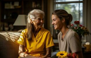 Krankenschwester bietet sinnvoll Gesellschaft zu Alten Frau im ihr Zuhause foto
