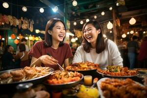 Gruppe von jung weiblich freunde Essen glücklich beim ein Straße Essen Markt foto